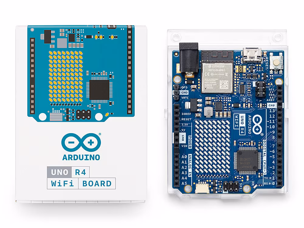 The UNO R4 WiFi, with the ESP32-S3 module and the 12 by 8 LED matrix