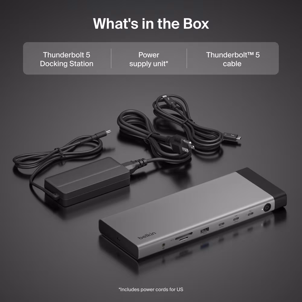In the box: the dock, its power supply and a Thunderbolt 5 cable