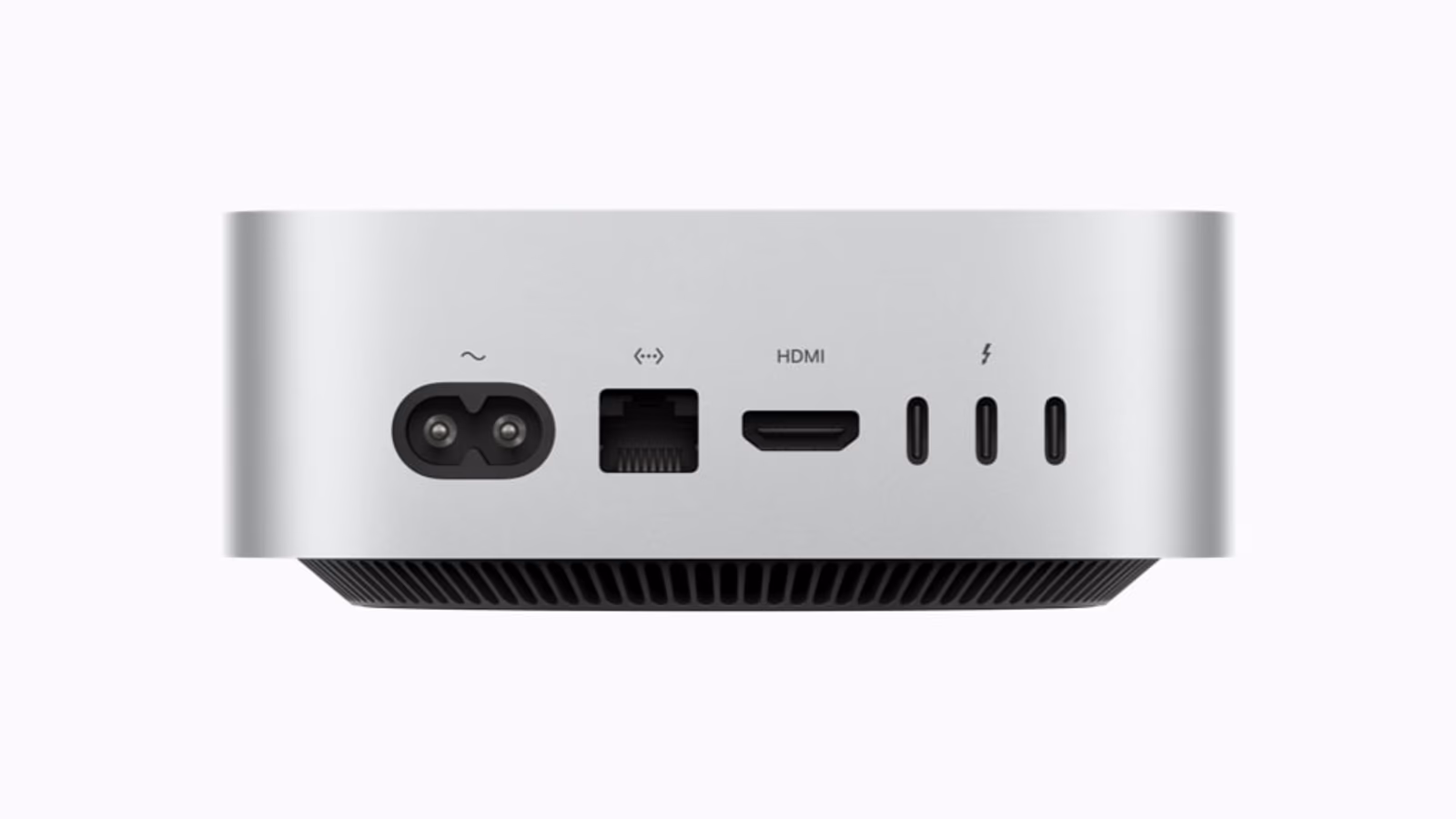 The rear of the Mac mini, showing the connections used for a permanent desk setup.