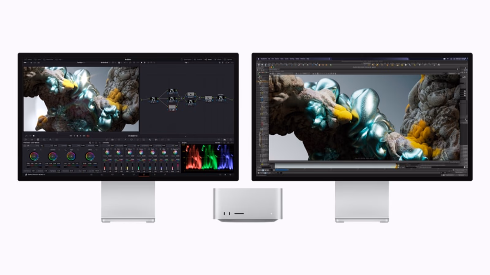 Apple's real Mac Studio setup showing creative applications on an external display.