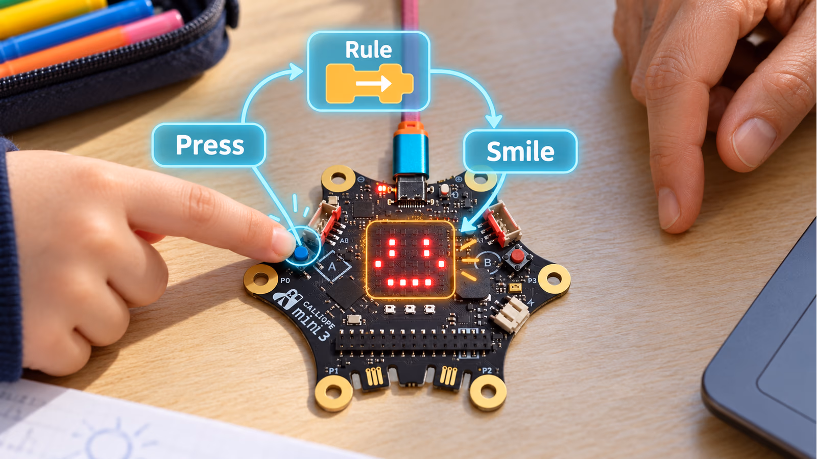 A Calliope mini button connects through a simple rule to a smiling face on its LED matrix