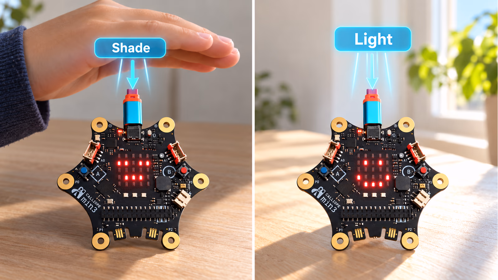 A Calliope mini changes from a sleepy LED face in shade to an awake face in light