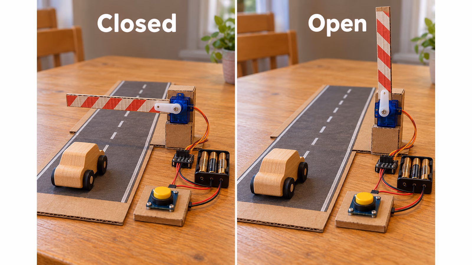 A proposed cardboard car-park barrier shown closed and open