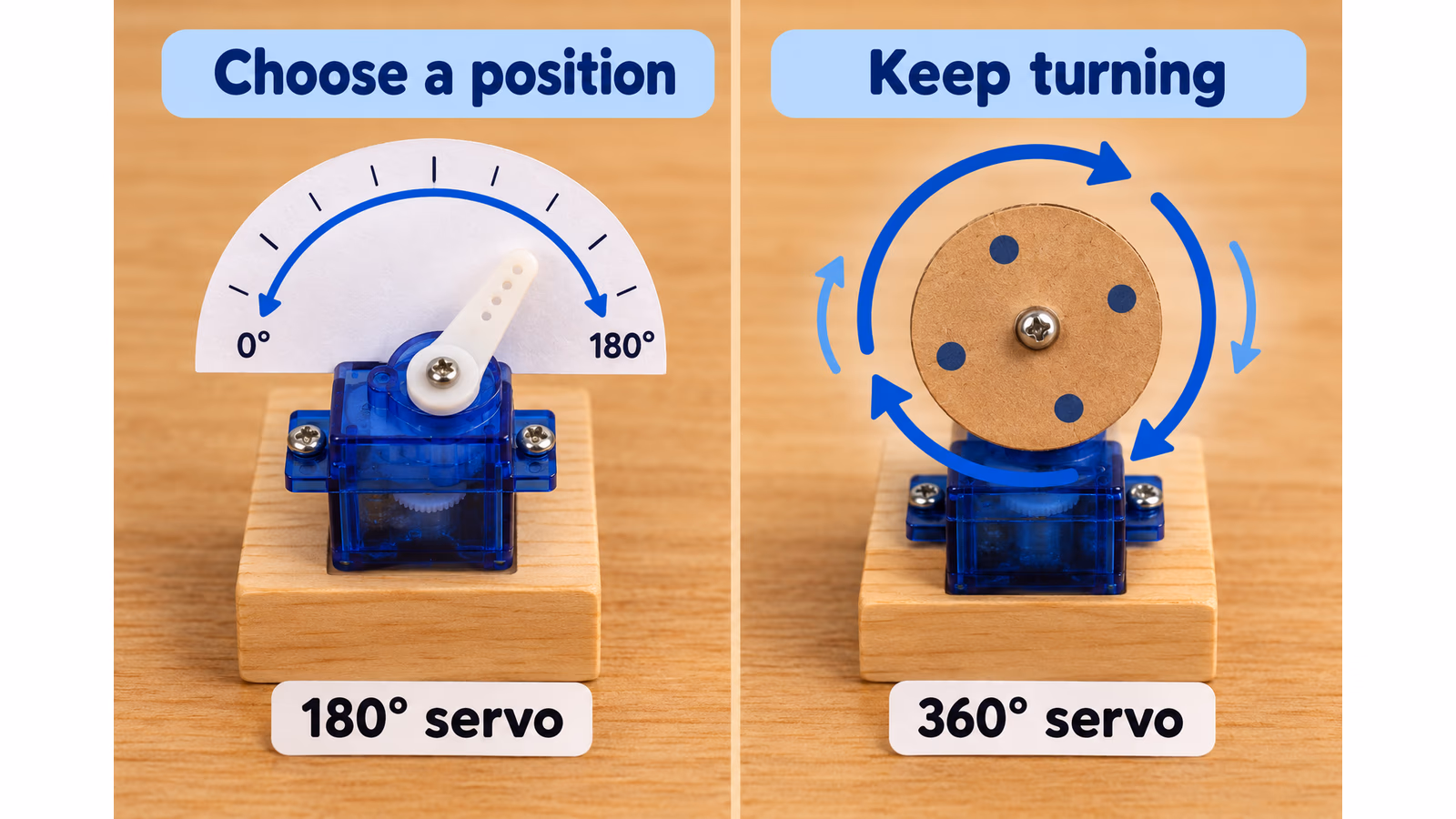 A positional servo moves within a limited arc, while a continuous-rotation servo keeps turning