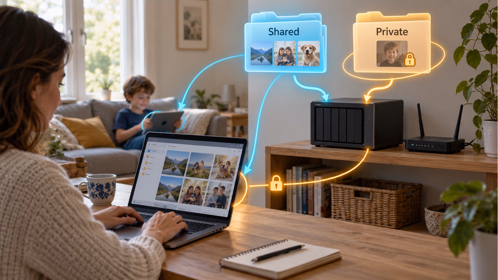 A home server with one shared family folder and a separate personal folder whose path reaches only one laptop