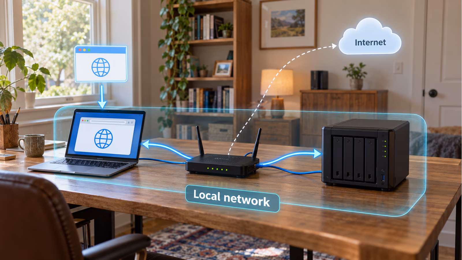 A laptop browser and home server connected inside a translucent Local network boundary, with Internet shown outside it