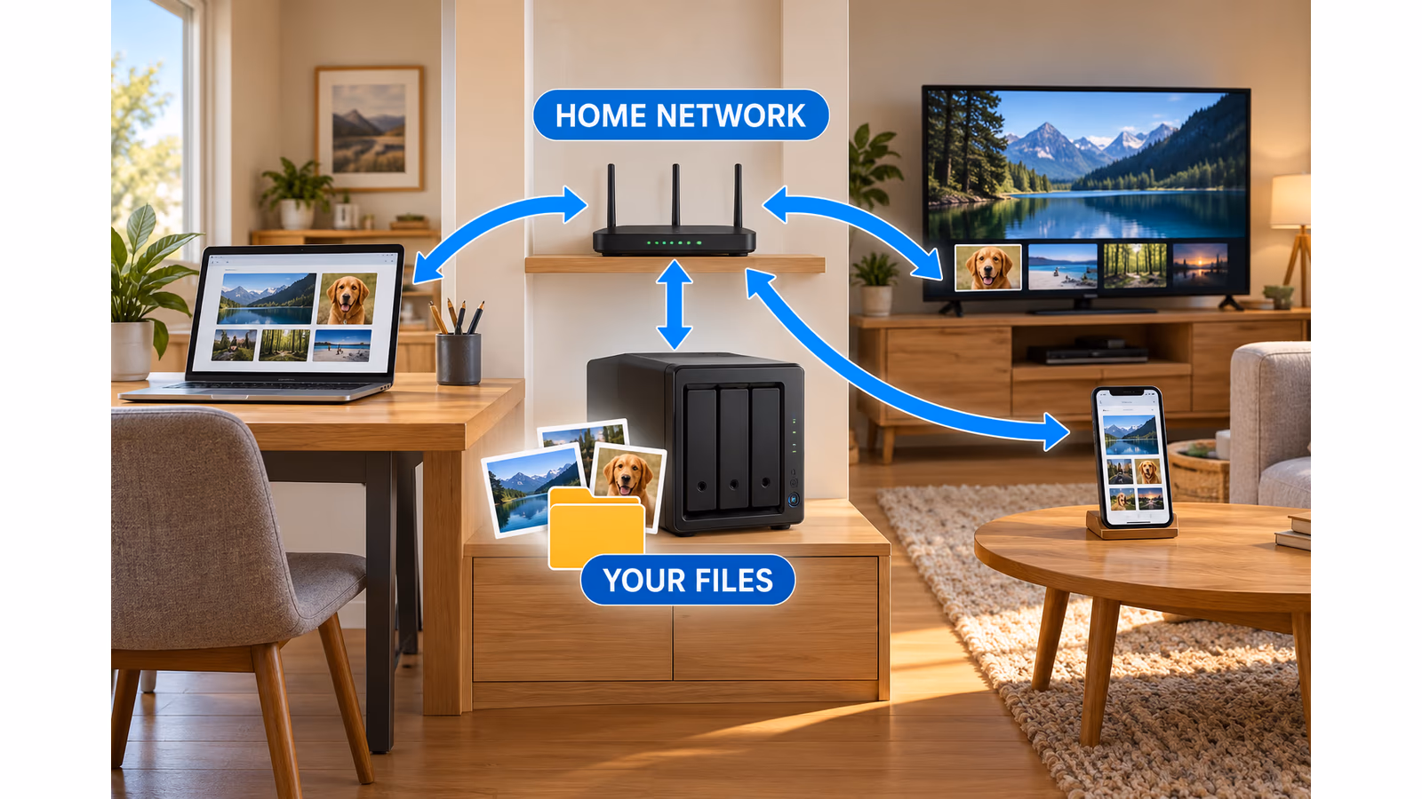 Several devices in a home share files through a router and a small server