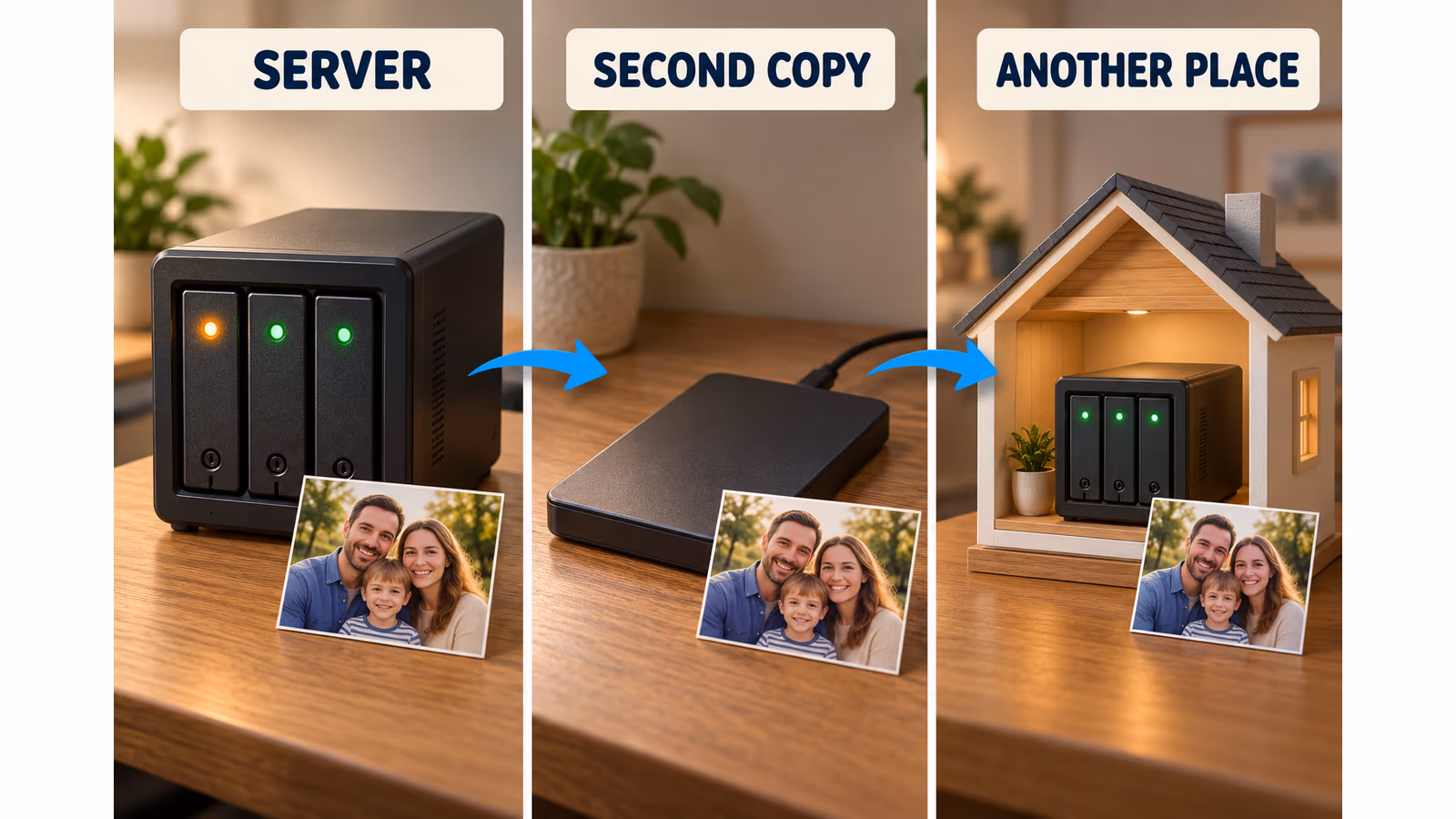A server with several drives, a separate external copy and a copy at another home