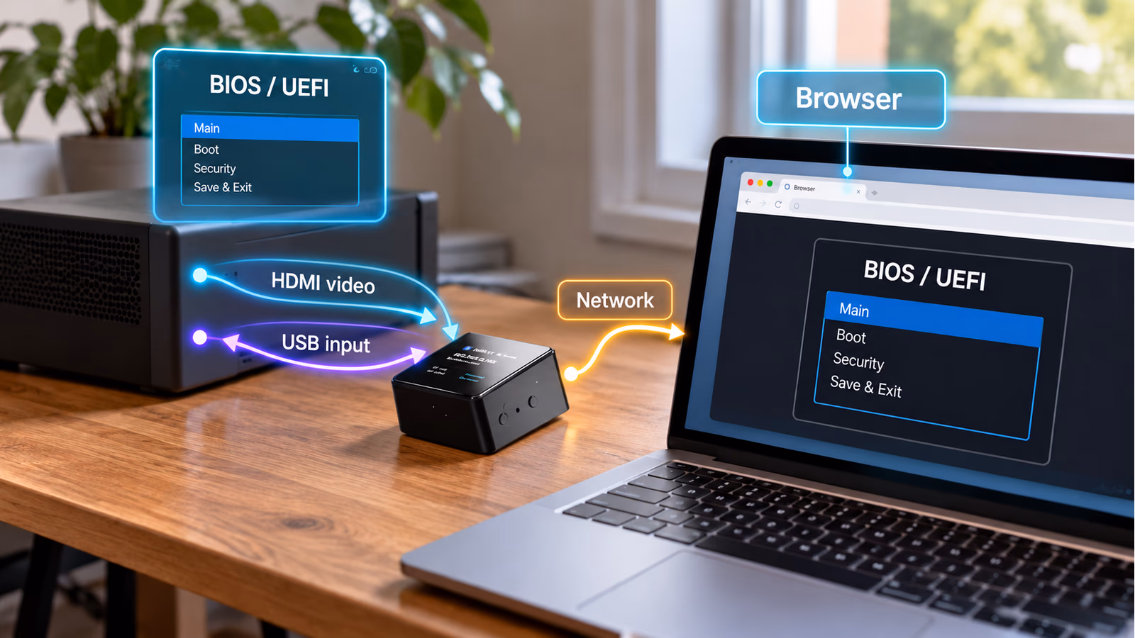 A JetKVM Mini gives a laptop browser a view of a target computer firmware screen before the operating system starts