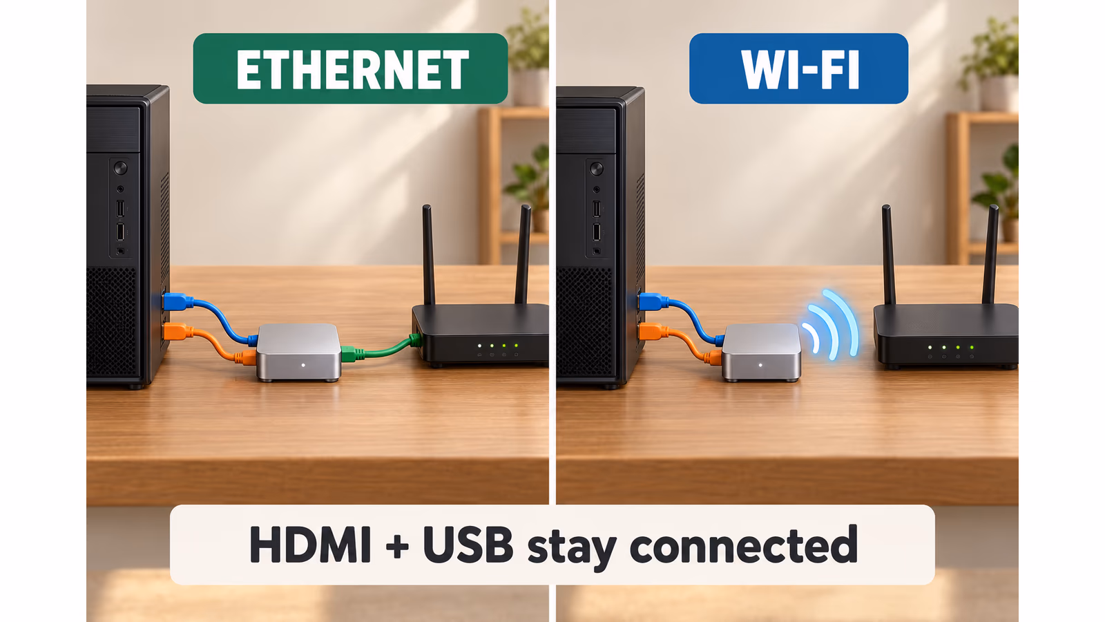 Ethernet uses a network cable while Wi-Fi replaces that connection with radio; HDMI and USB remain connected in both cases