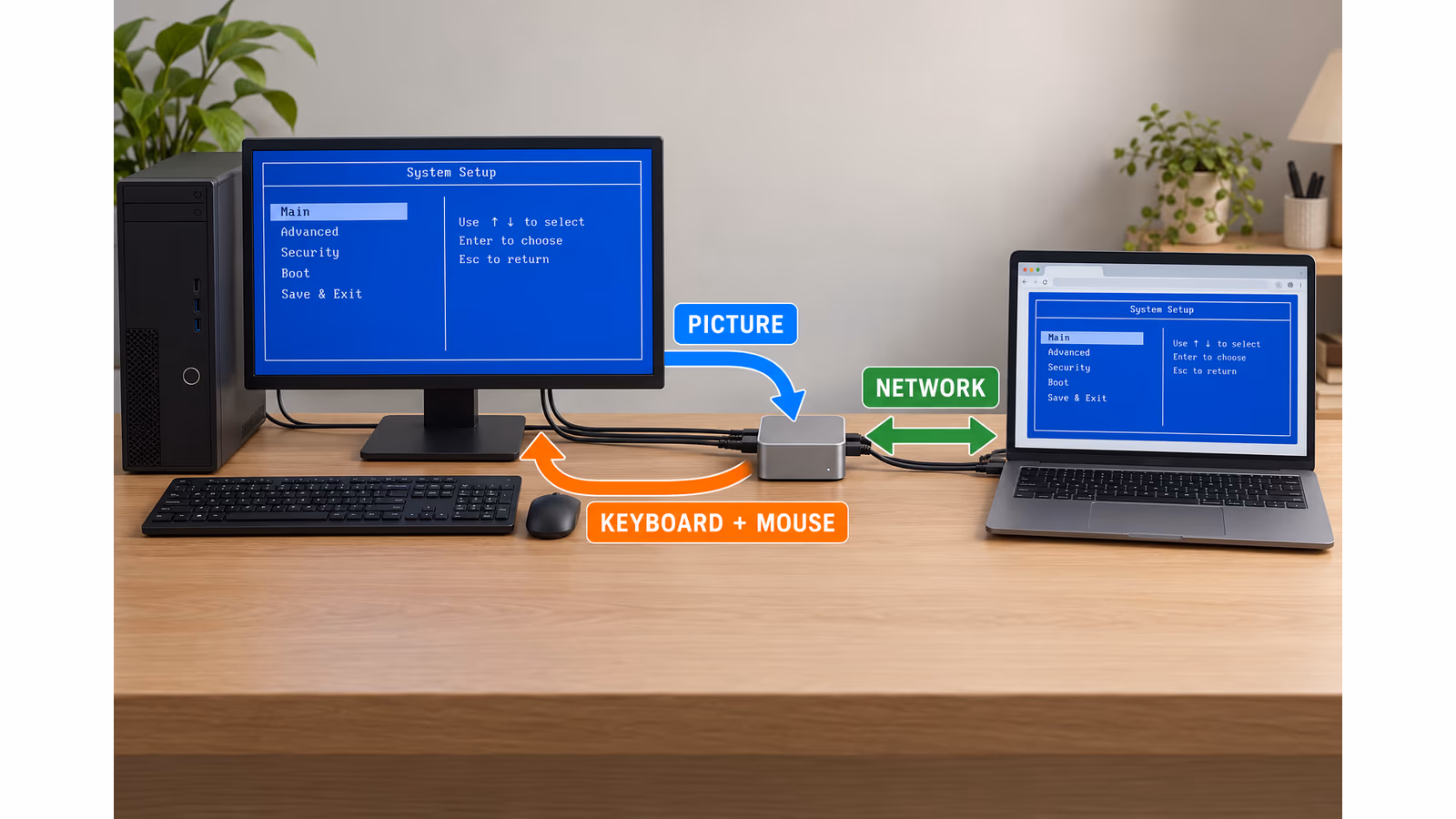 A generic KVM carries the computer picture towards a browser and keyboard and mouse input back to the computer