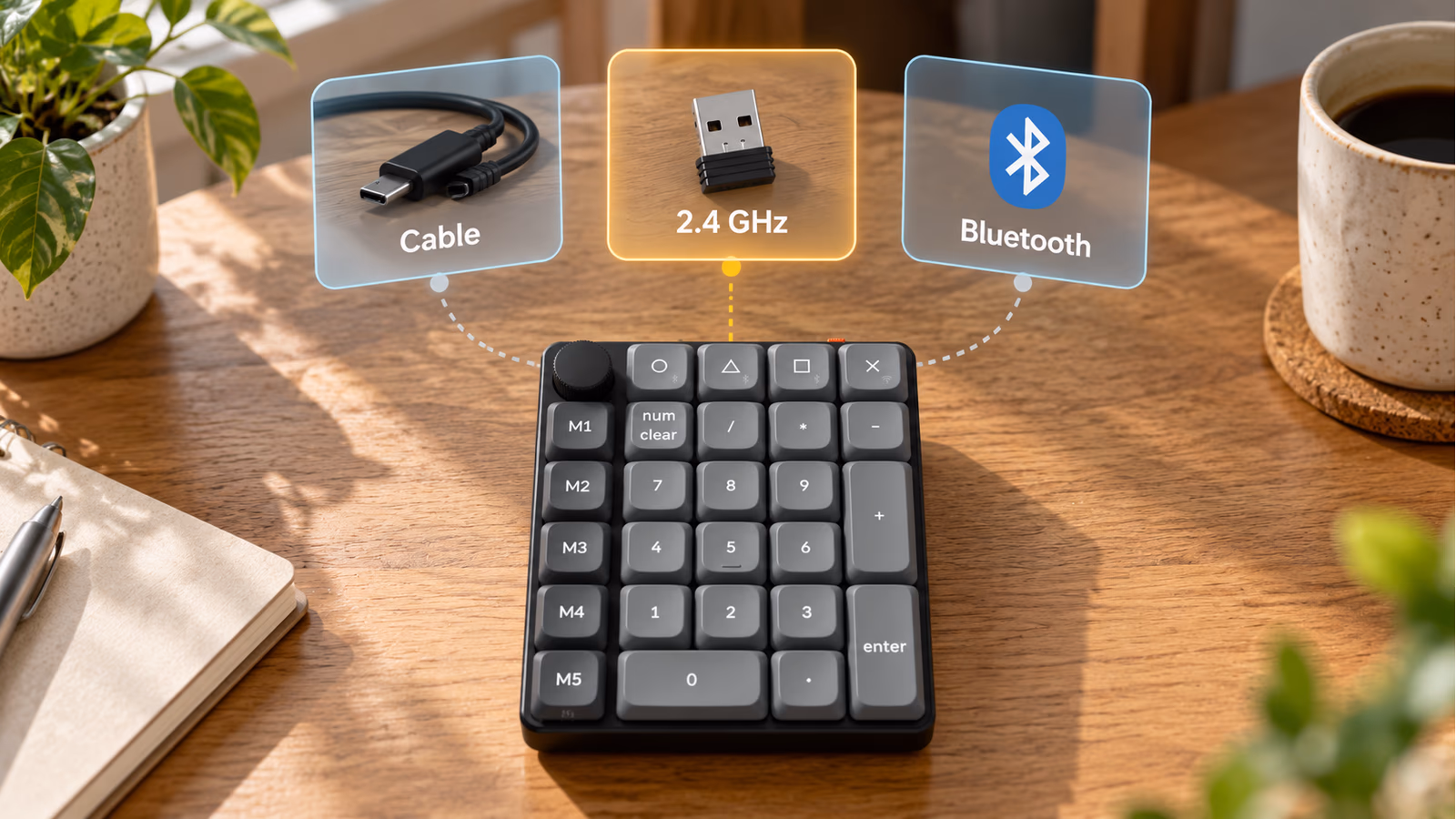 A Keychron K0 Max surrounded by three clearly separate connection choices: cable, USB receiver and Bluetooth