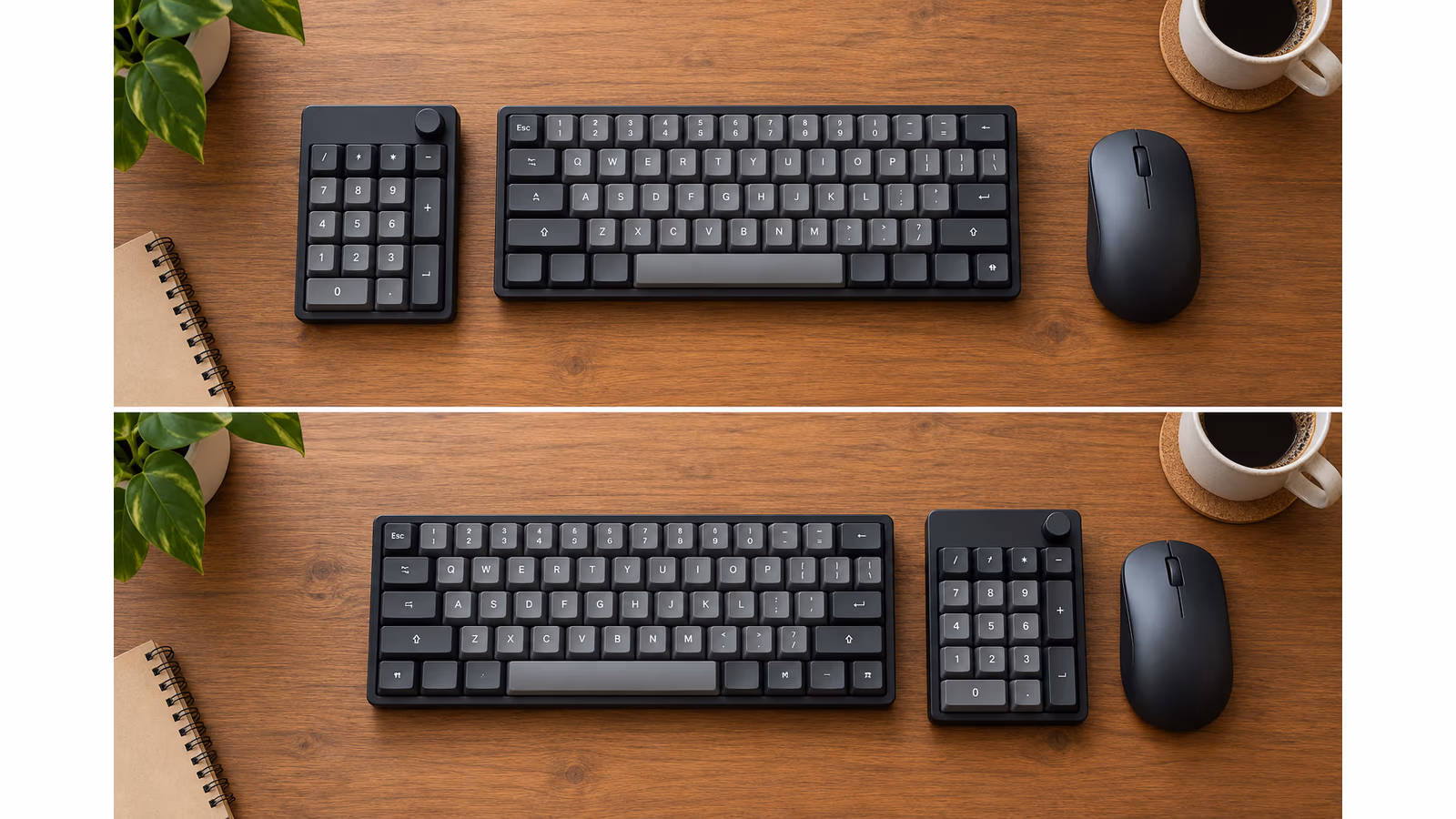 Two generic desk arrangements with a separate number pad placed on the left or on the right of a compact keyboard