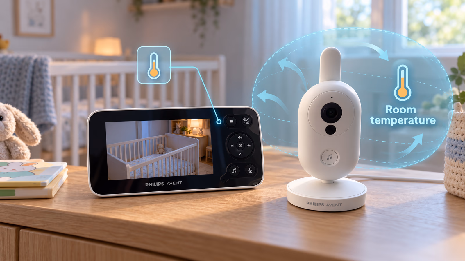 The Philips Avent camera senses the air around it, shown with an AR room-temperature callout rather than a body scan