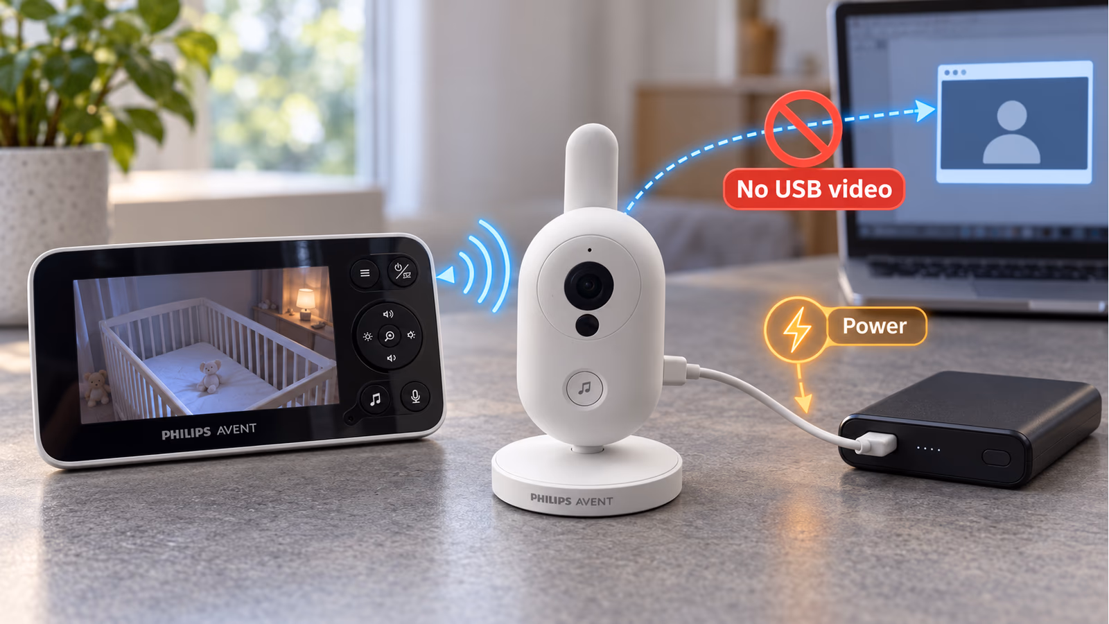 The Philips Avent camera receives USB-C power while a separate crossed-out video path shows that the tested port did not give a computer feed