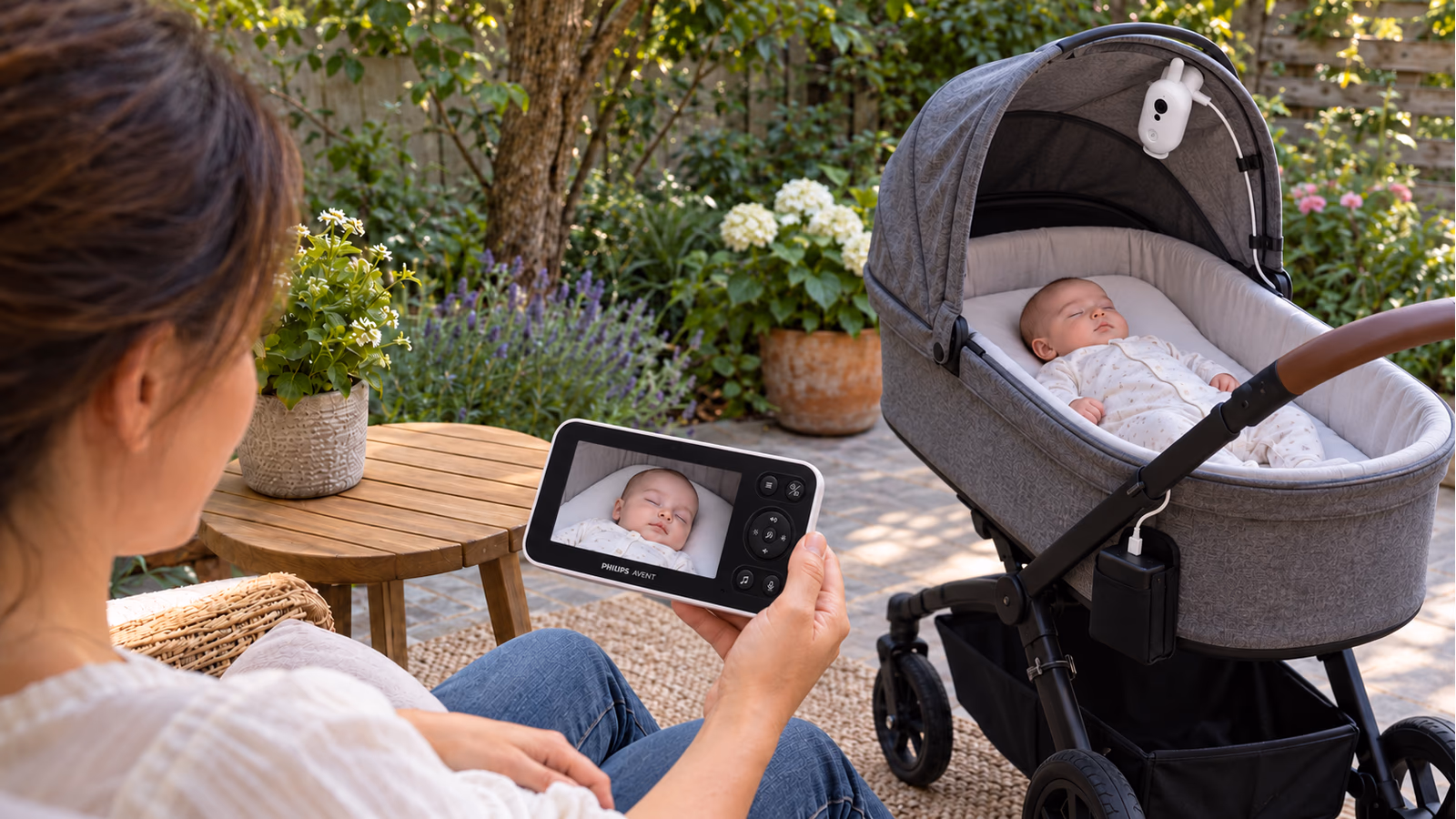 The Philips Avent SCD863/26 camera inside a shaded pram, with a clear view of the sleeping baby on its black-front parent display