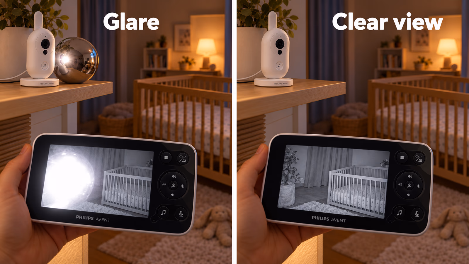 The Philips Avent SCD863/26 in two illustrated night views: a nearby shiny object creates glare, while moving it away leaves a clearer view of an empty cot