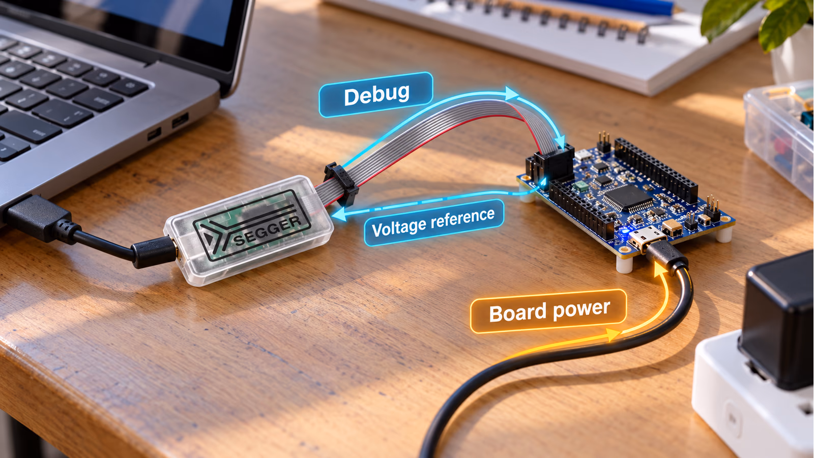 A J-Link EDU Mini sends debug signals to a development board while a separate source powers the board