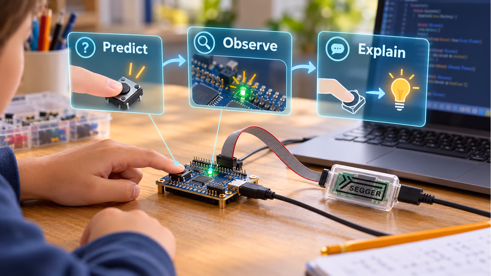 A classroom workbench with the learning cycle Predict, Observe and Explain above a microcontroller and debug probe