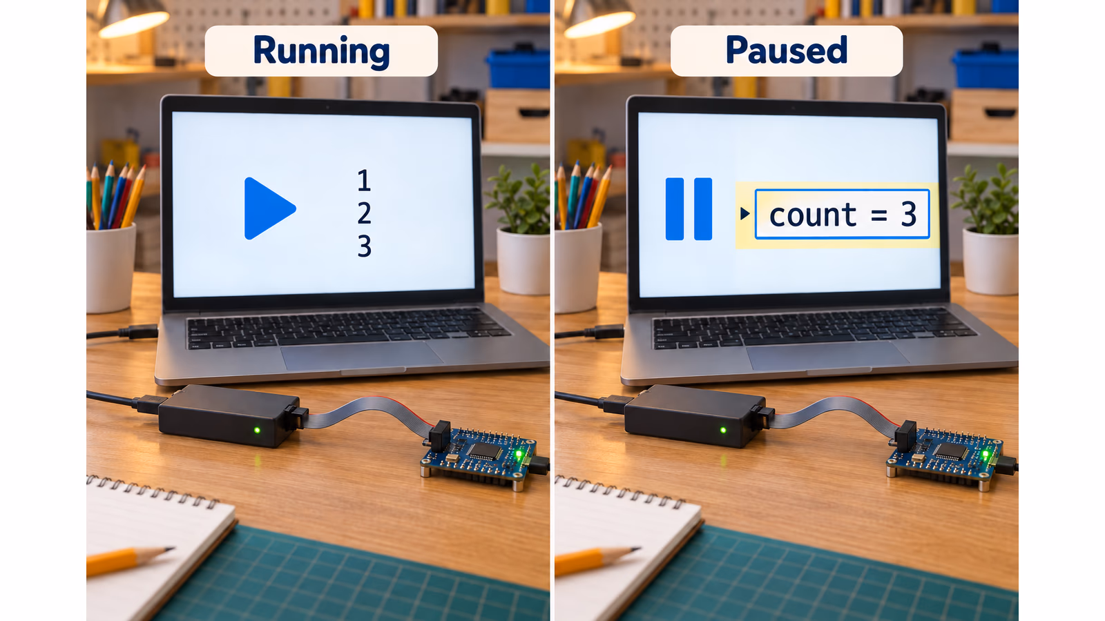 The same learning setup running a counter and paused with its current value visible