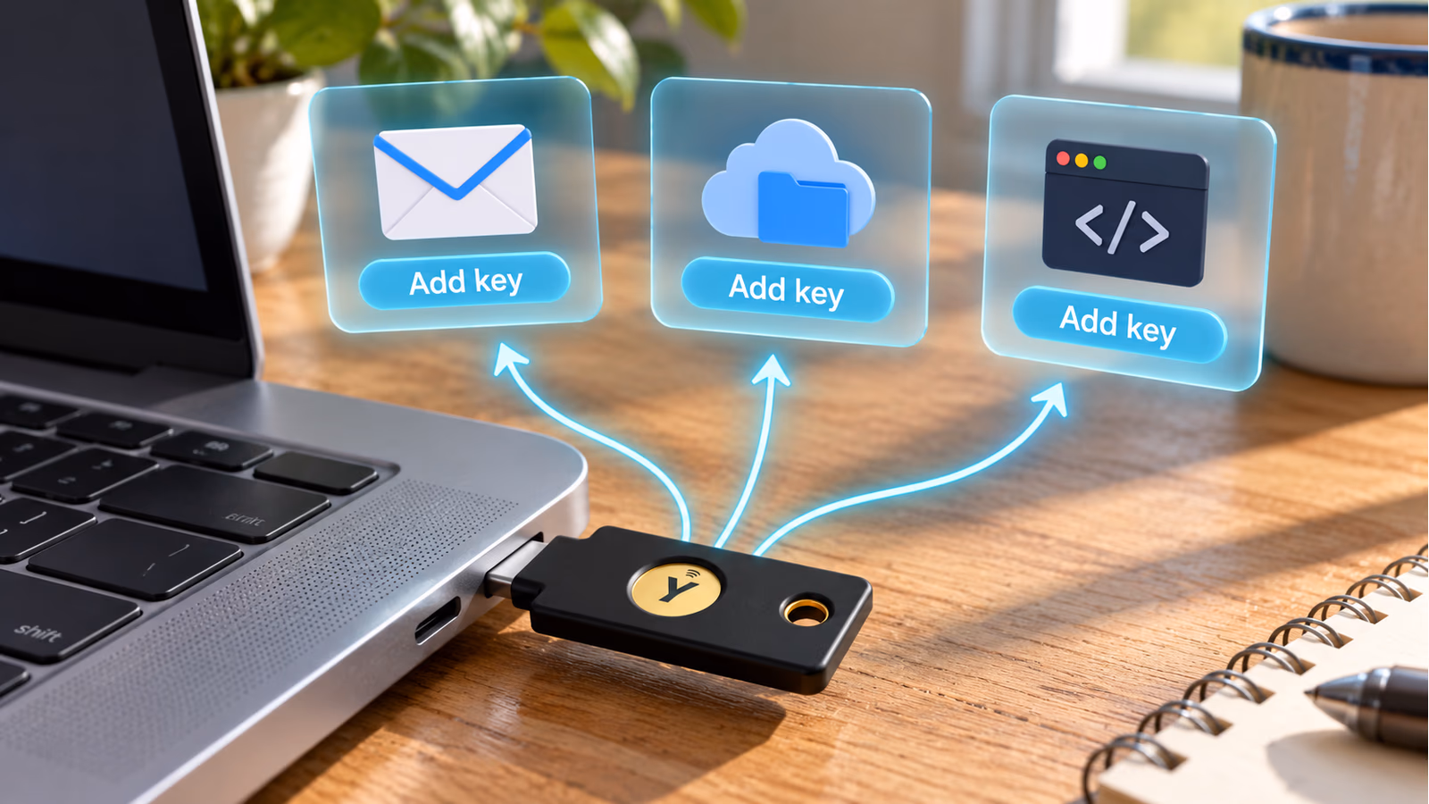 A YubiKey and three separate account cards each showing its own Add key step