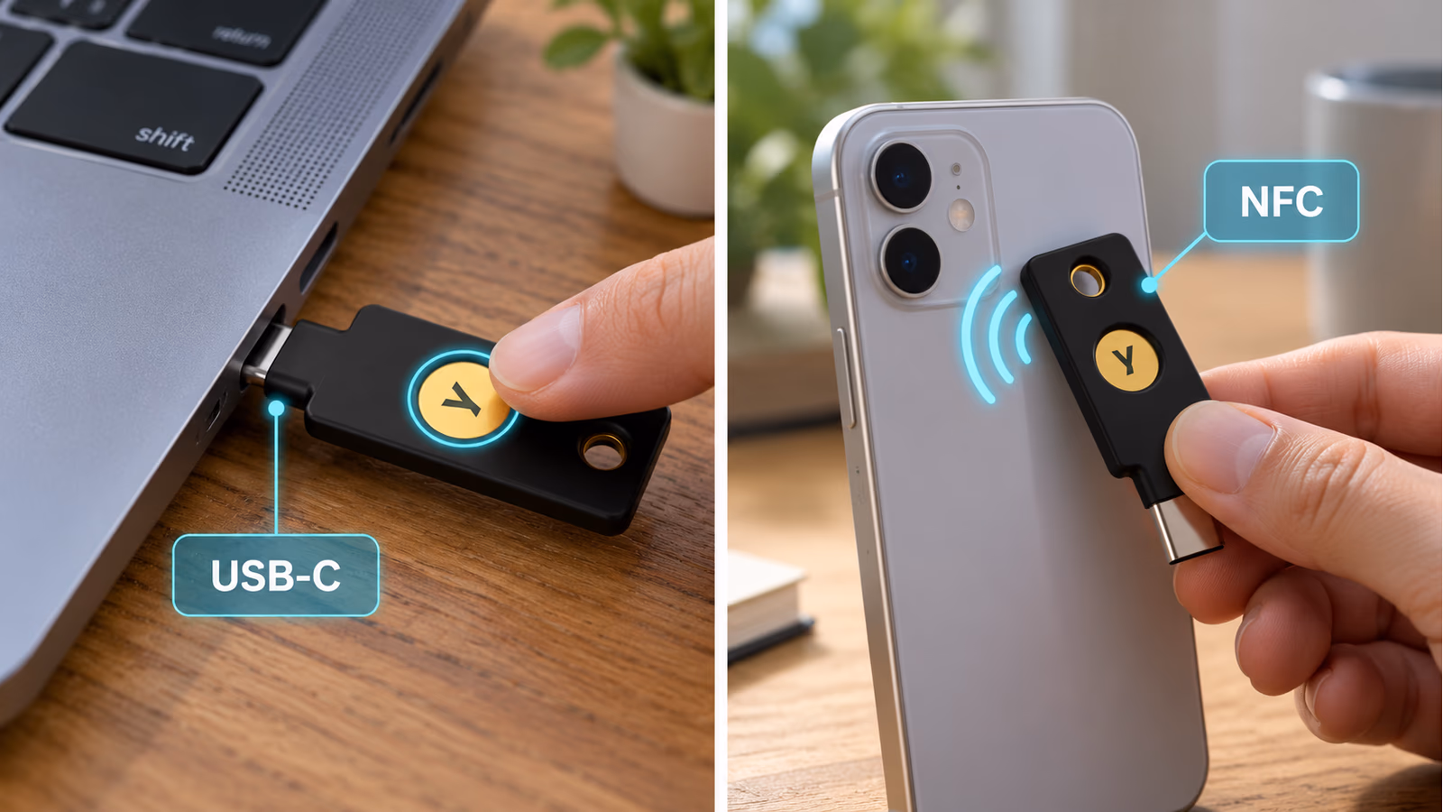 Two YubiKey interactions shown side by side: touching a key in a laptop USB-C port and tapping it to a phone for NFC