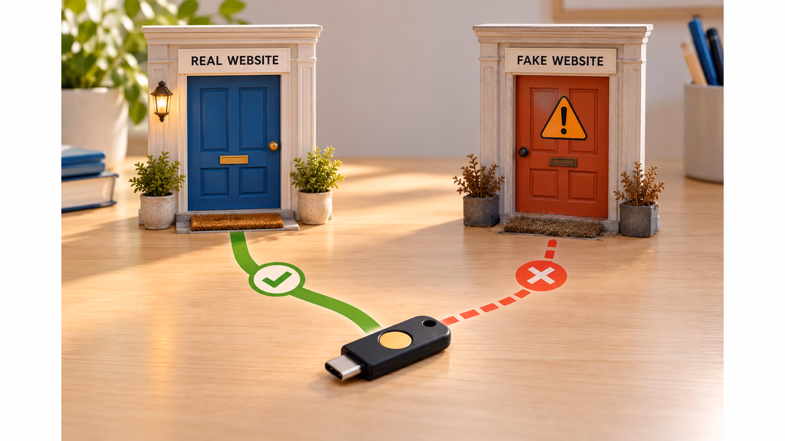 A generic security key can open the door representing the real website, while the path to a fake website is blocked