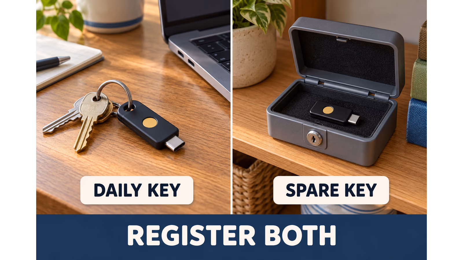 A daily security key on a key ring and a separate spare in a lockbox