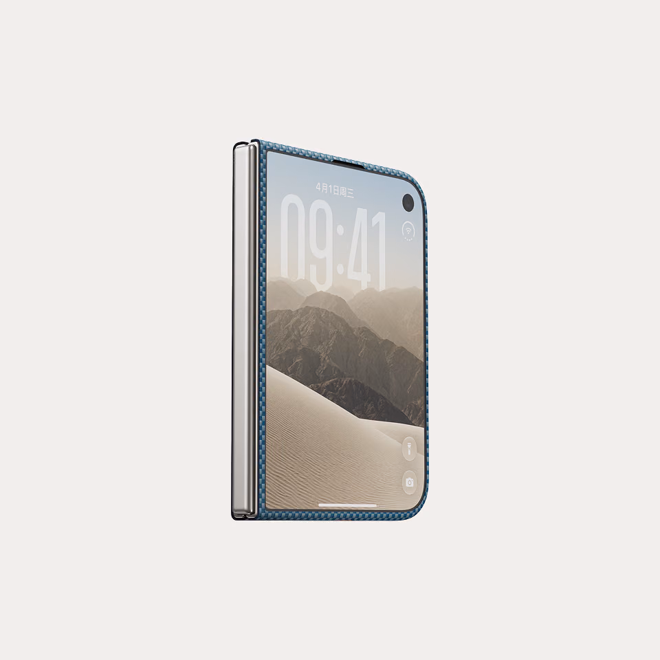 The iPhone Duo in the PITAKA case seen from the side, with the silver hinge spine left uncovered