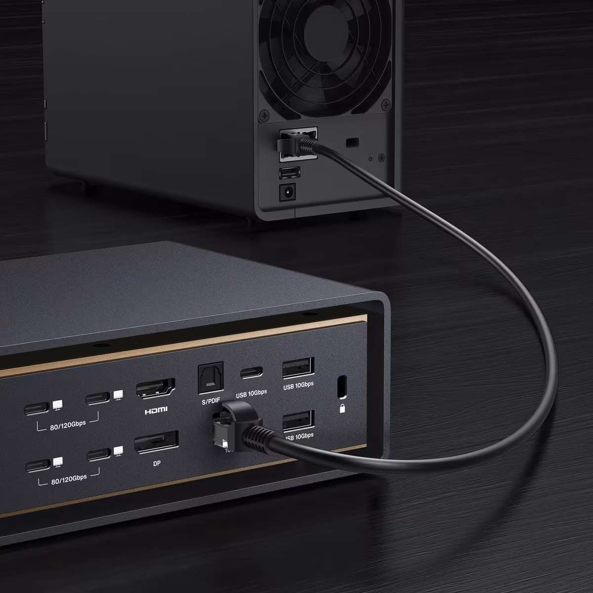 The rear of the FusionDock Ultra with a network cable running to a NAS