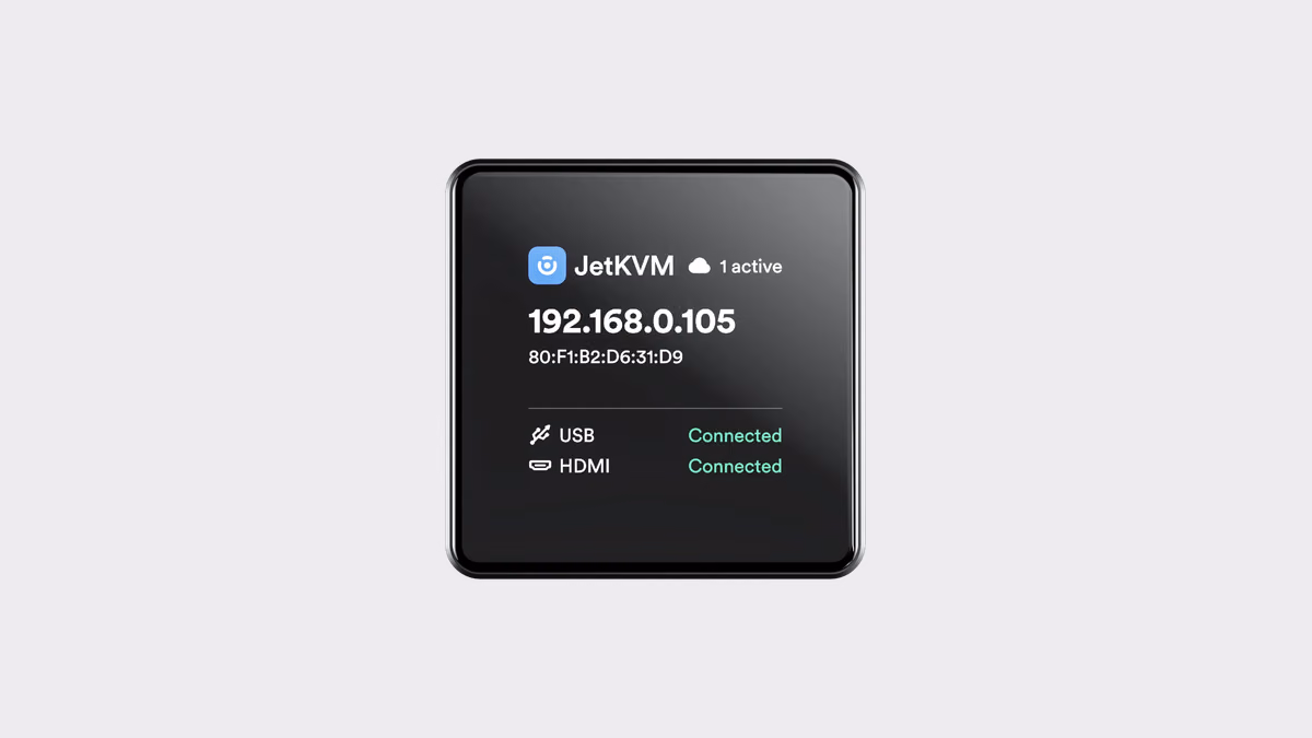 The JetKVM Mini status display showing its IP address and USB and HDMI connection state