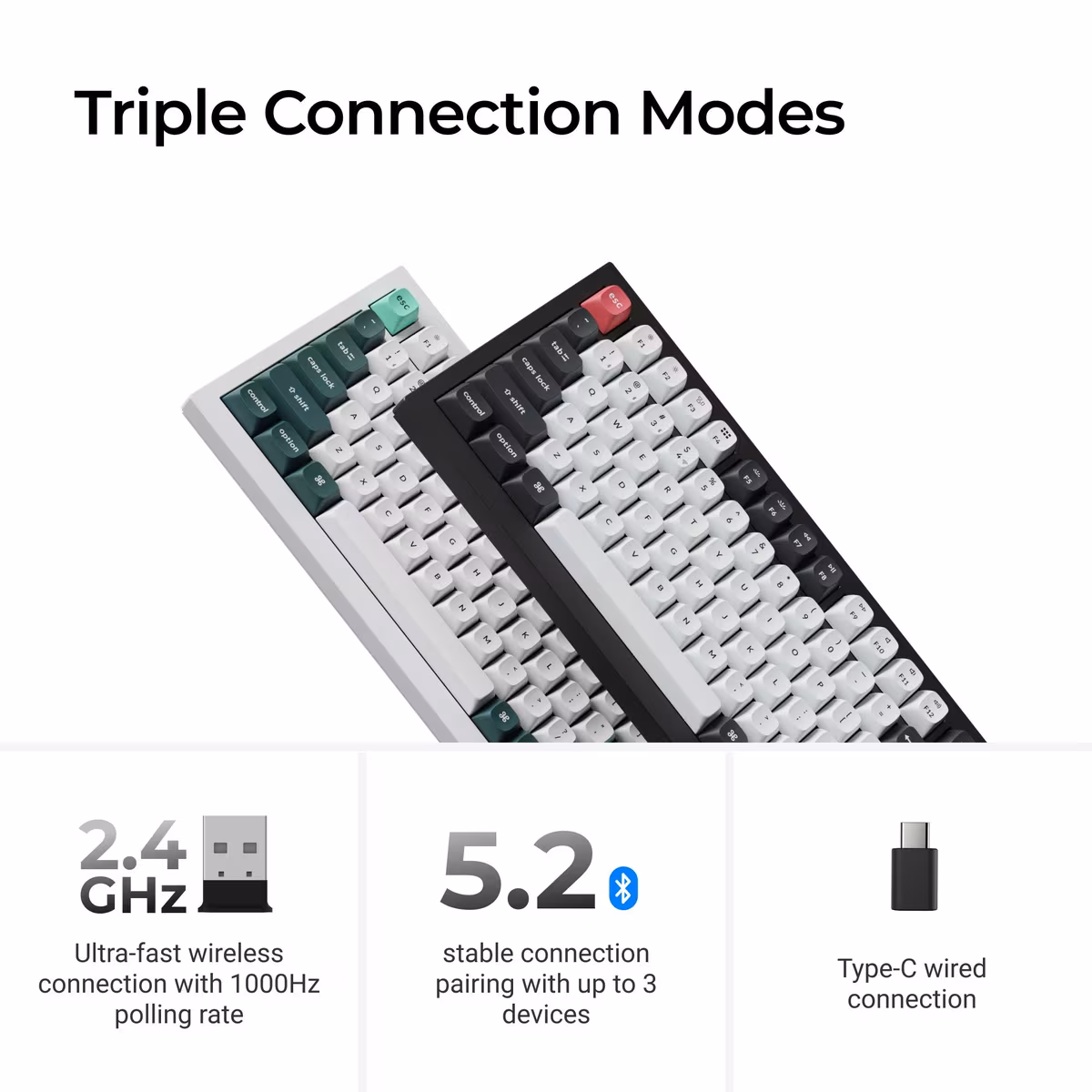 The three connection modes: 2.4 GHz, Bluetooth 5.2 and USB-C