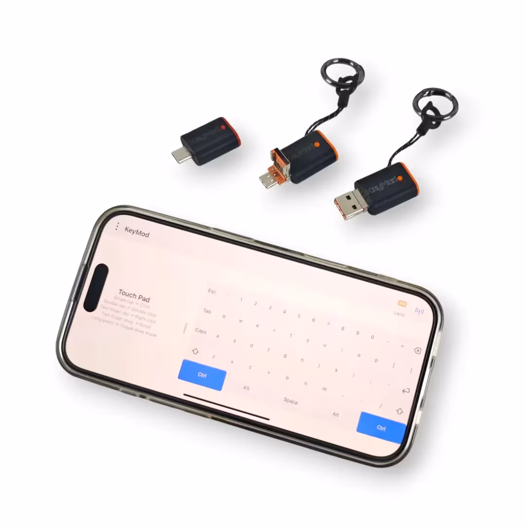 KeyMod dongles with the KeyCmd app on a phone