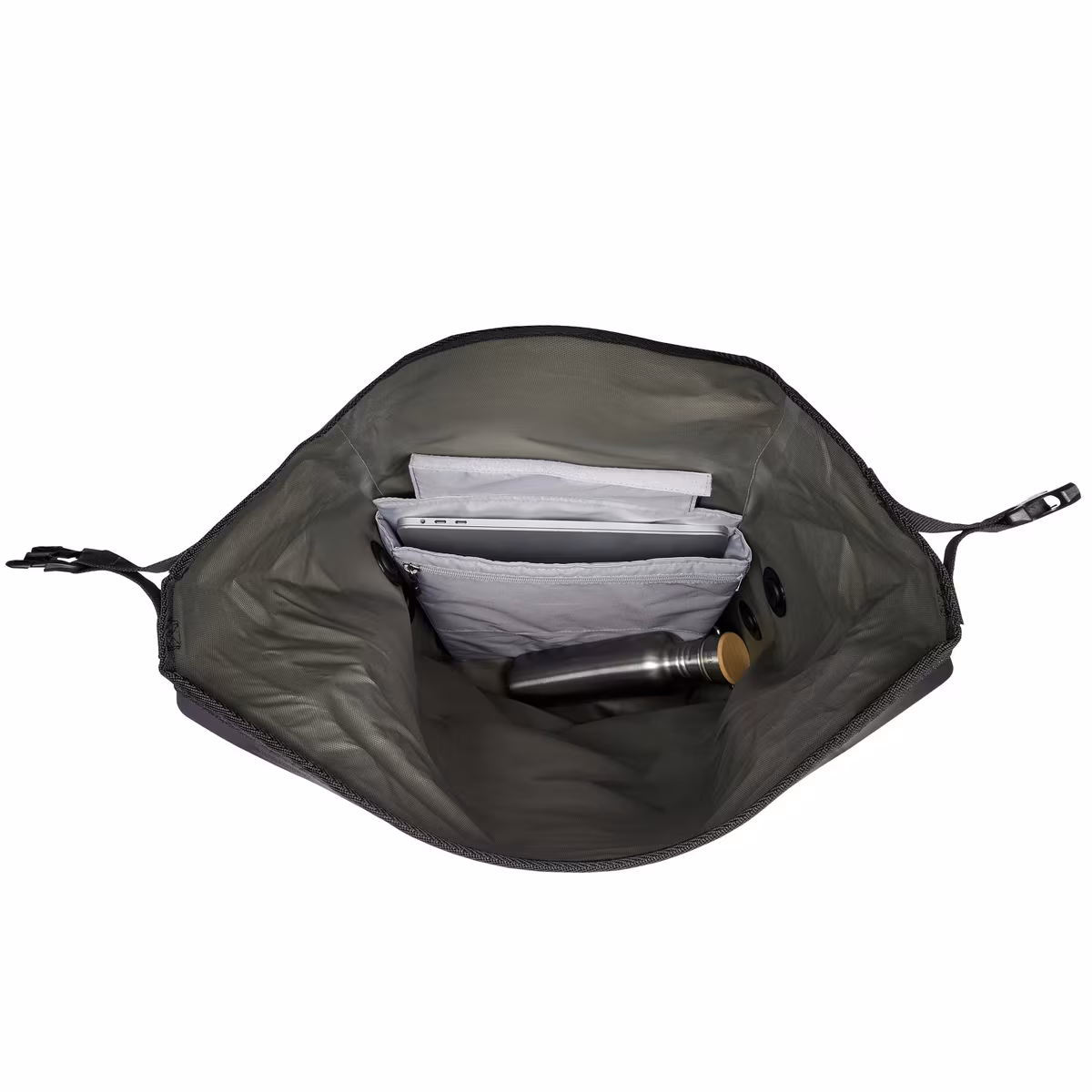 The open Daypack with the laptop compartment against the back