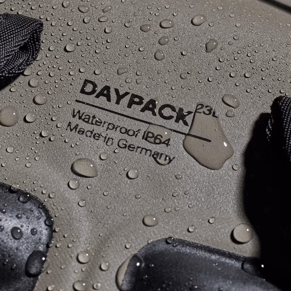 Water beading on the Daypack with its IP64 marking