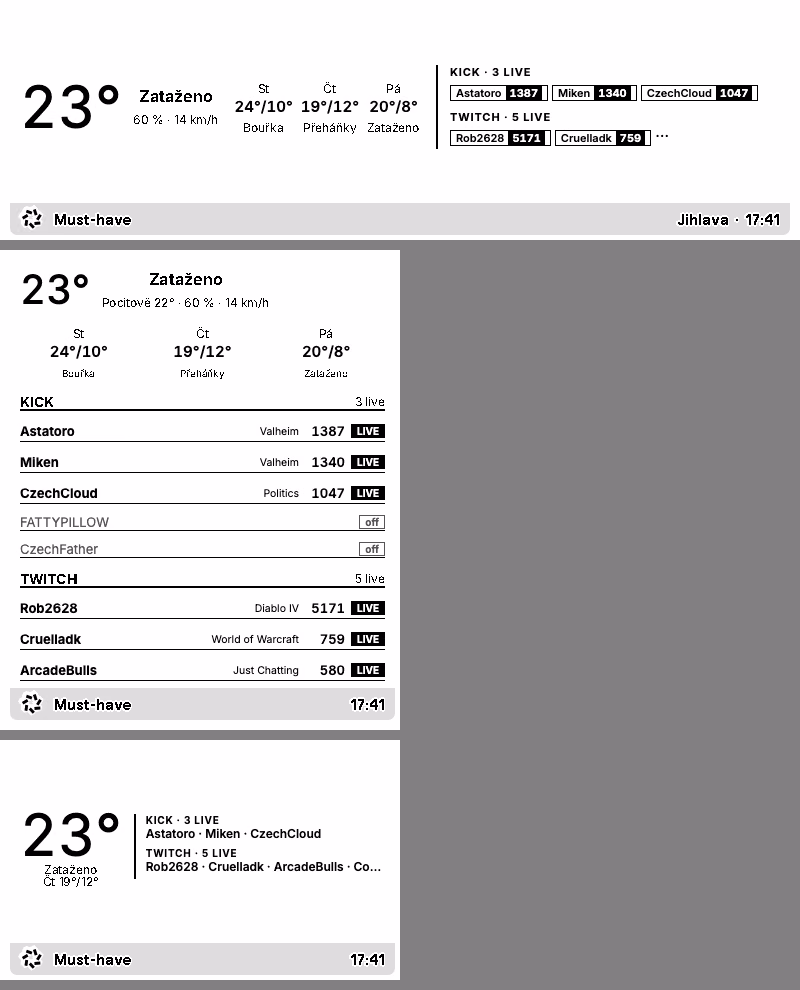 The same data in the three smaller layouts: a wide half with weather beside compact streamer chips, a tall half with the full lists, and a quadrant with the temperature and the live channel names